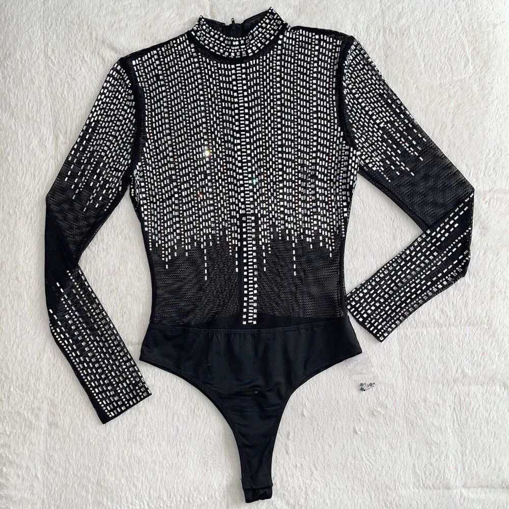 Bedazzled Black Mesh Bodysuit M Night Top Gems Concert Long Sleeve Formal Sexy